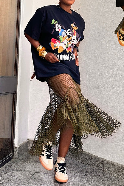 Olive Green Mesh Fishtail Maxi Skirt