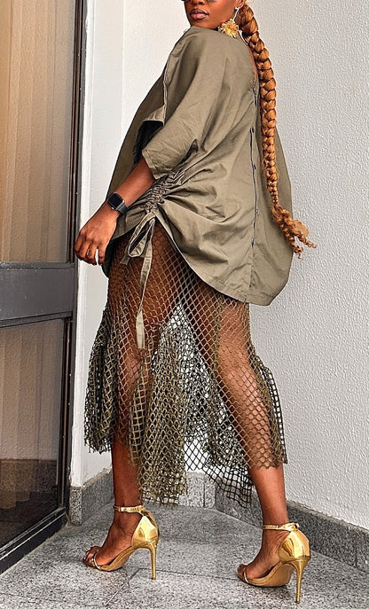 Olive Green Mesh Fishtail Maxi Skirt