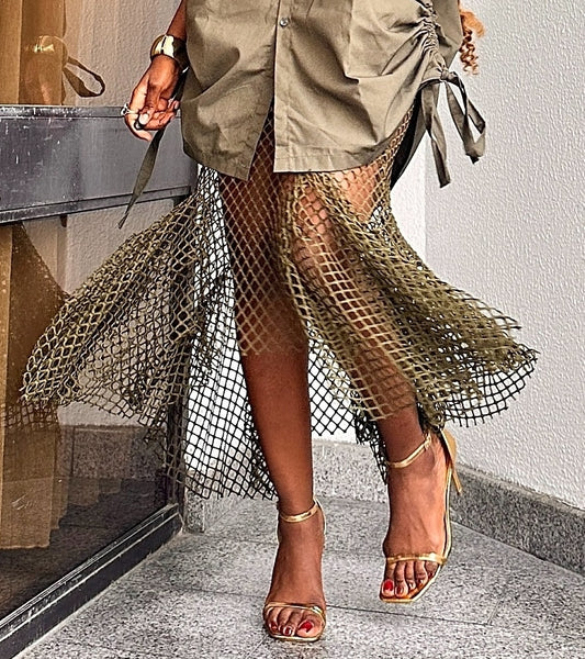 Olive Green Mesh Fishtail Maxi Skirt
