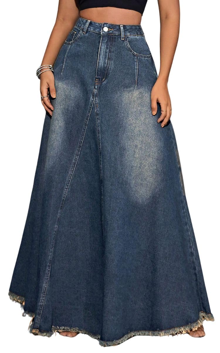 Women's Vintage High Waisted Frayed Raw Hem Maxi Denim Skirt