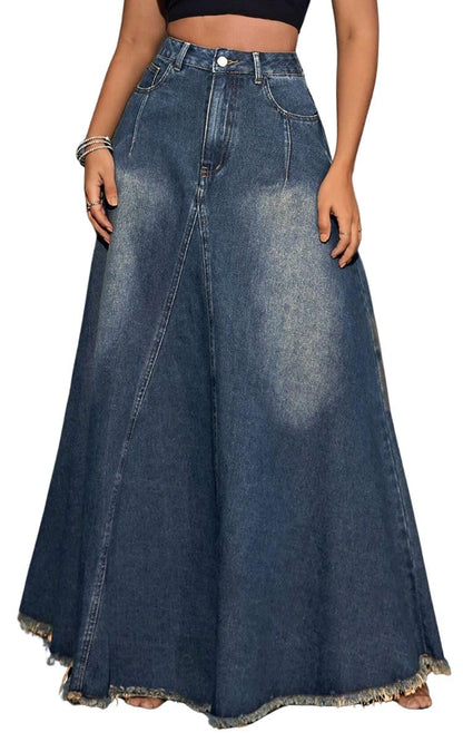 Women's Vintage High Waisted Frayed Raw Hem Maxi Denim Skirt