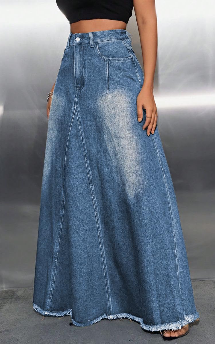 Women's Vintage High Waisted Frayed Raw Hem Maxi Denim Skirt