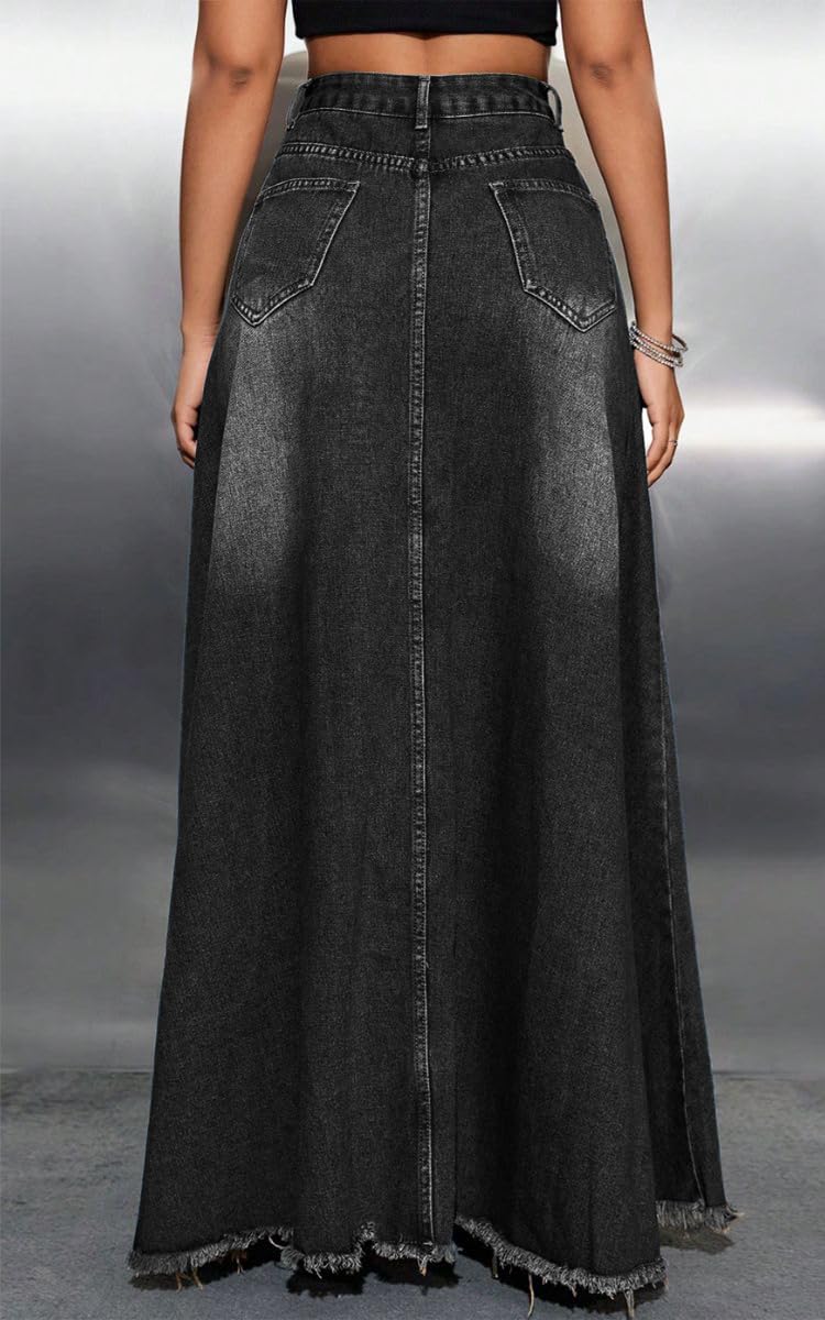 Women's Vintage High Waisted Frayed Raw Hem Maxi Denim Skirt