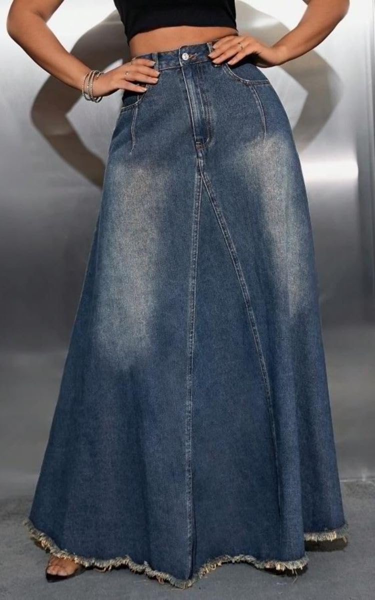 Women's Vintage High Waisted Frayed Raw Hem Maxi Denim Skirt