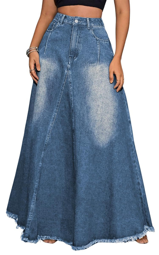 Women's Vintage High Waisted Frayed Raw Hem Maxi Denim Skirt