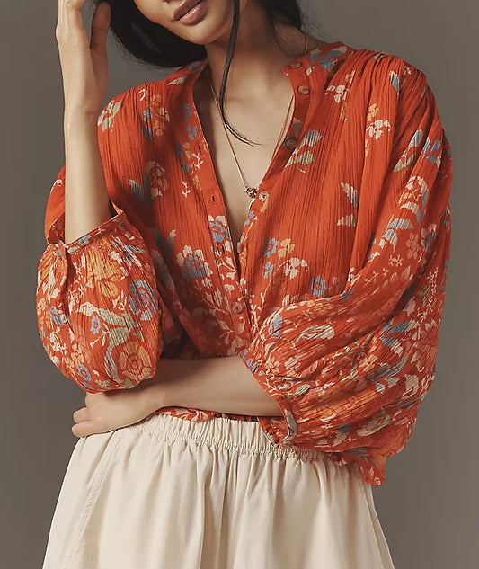 Red Floral Print Batwing Sleeve Shirt