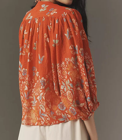 Red Floral Print Batwing Sleeve Shirt