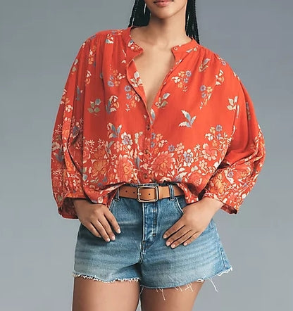 Red Floral Print Batwing Sleeve Shirt