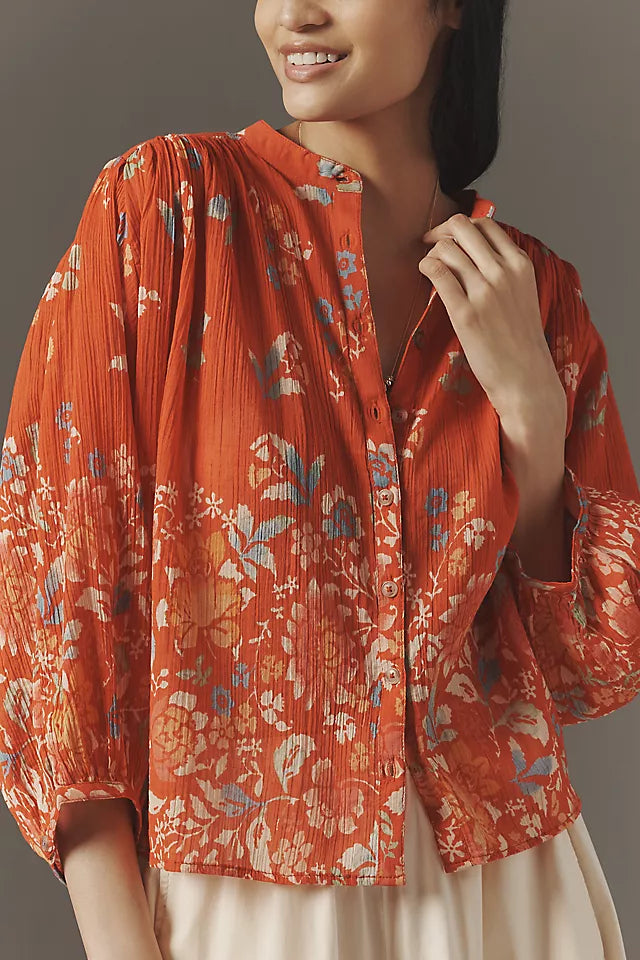 Red Floral Print Batwing Sleeve Shirt