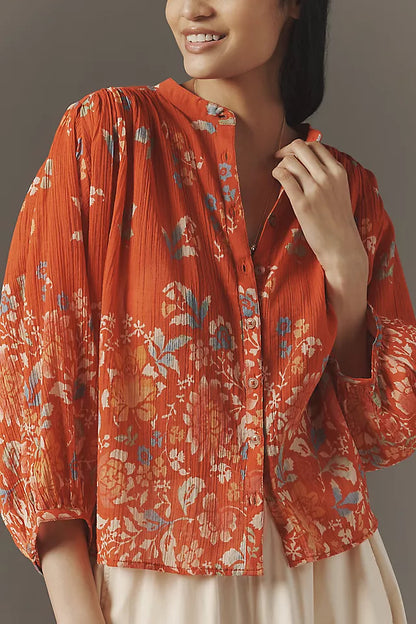 Red Floral Print Batwing Sleeve Shirt