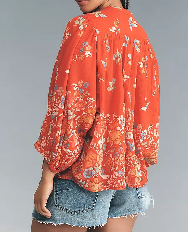 Red Floral Print Batwing Sleeve Shirt