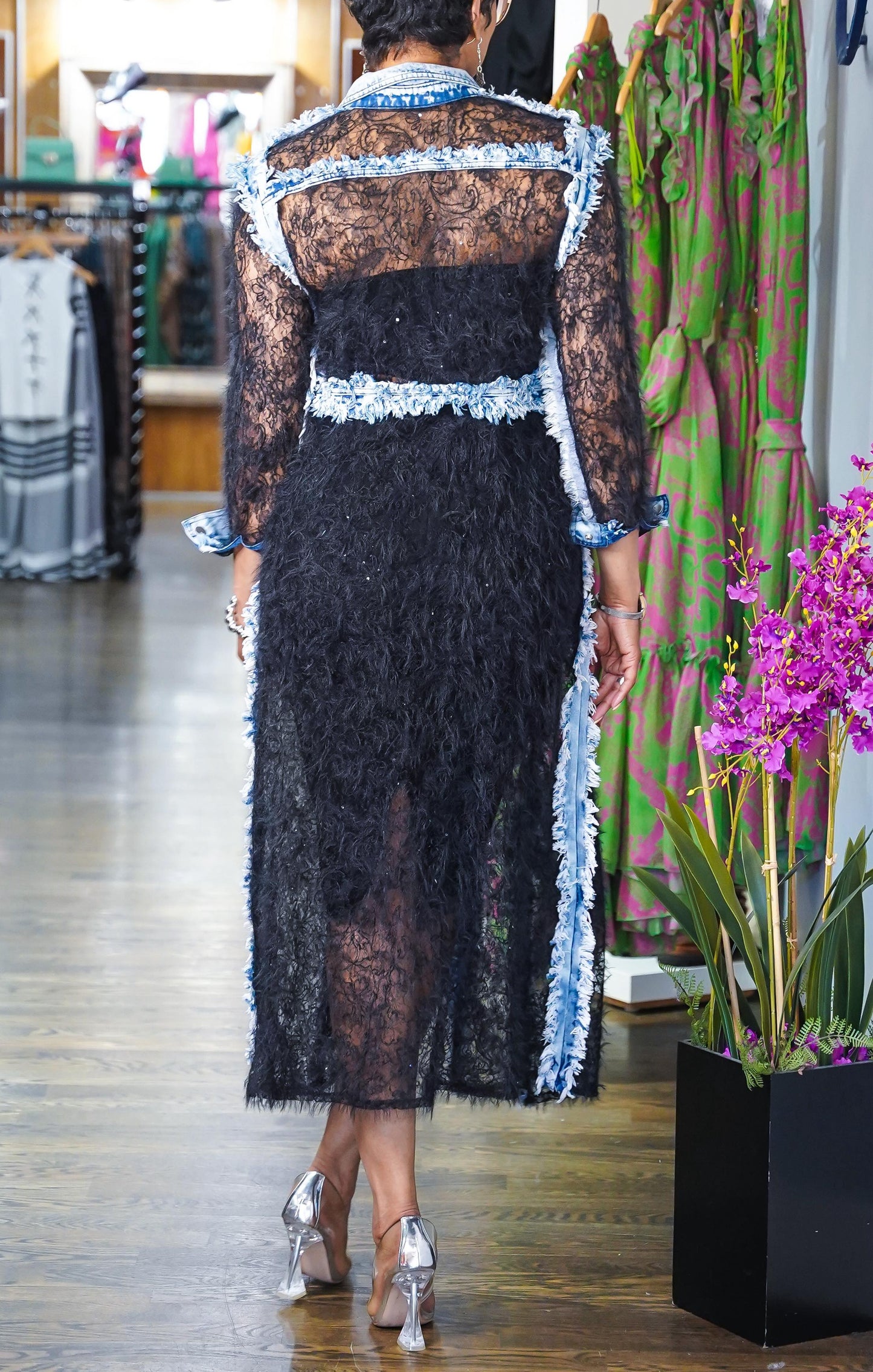 Long Black & Denim Shreds Lace Jacket