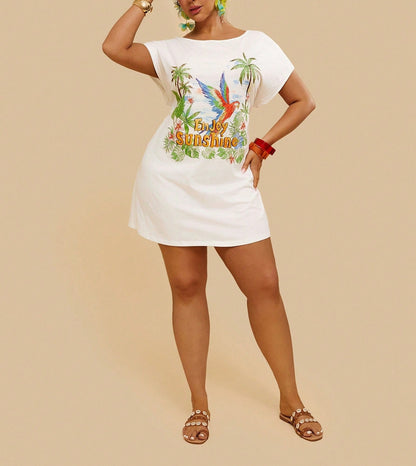 Tropical Print Plus Size Casual T-Shirt Dress