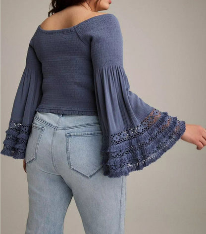 Ceramic Blue Off-Shoulder Crop Top