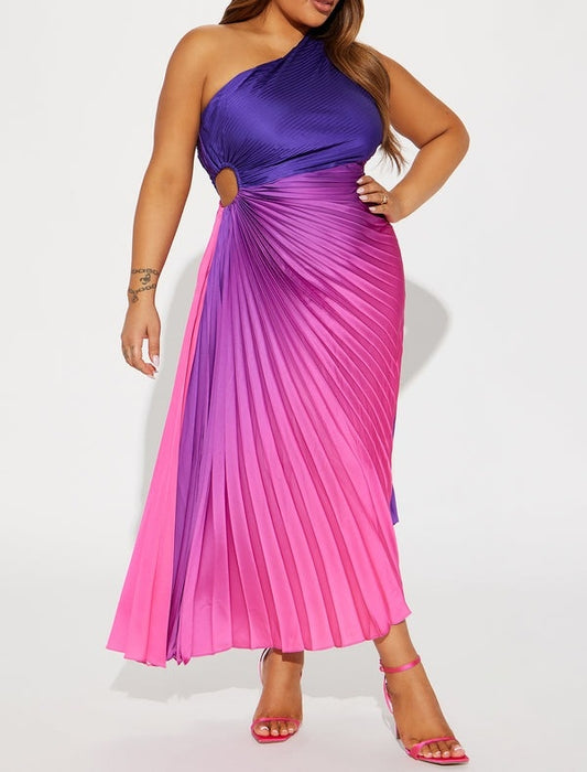 Ombre Pleated One-Shoulder Maxi Dress