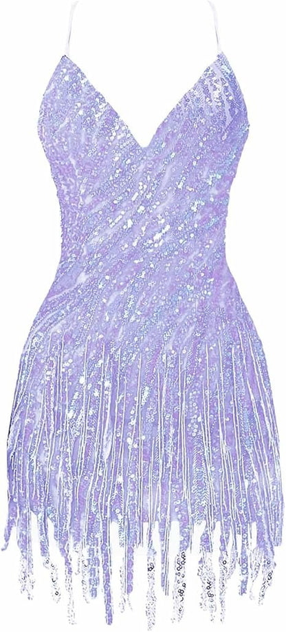 V Neck Bodycon Sequins Tassel Short Homecoming Dress