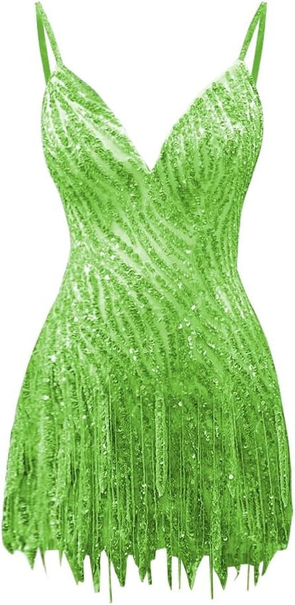 V Neck Bodycon Sequins Tassel Short Homecoming Dress