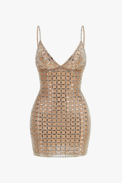 Sparkly Rhinestone V Neck Spaghetti Strap Bodycon Mesh Party Mini Dress