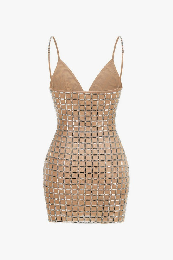 Sparkly Rhinestone V Neck Spaghetti Strap Bodycon Mesh Party Mini Dress