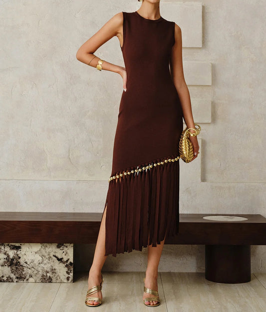 Asymmetric Fringe Metal Bead Detail Maxi Dress