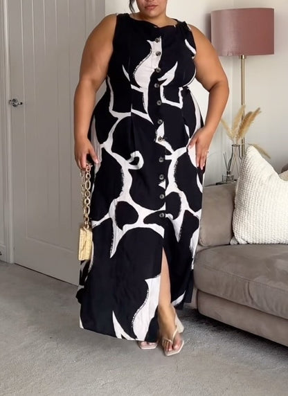 Black Abstract Print Button Down Waistcoat Maxi Dress