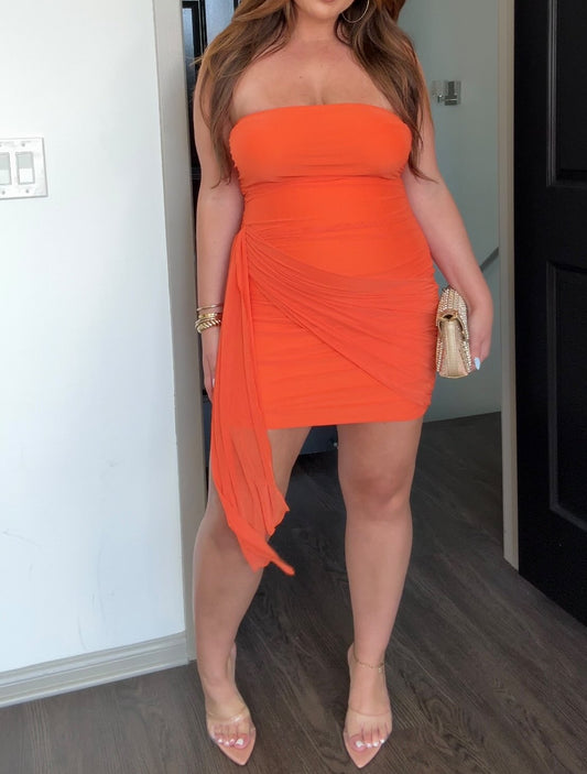 Sexy Mesh Strapless Bodycon Ruched Mini Dress