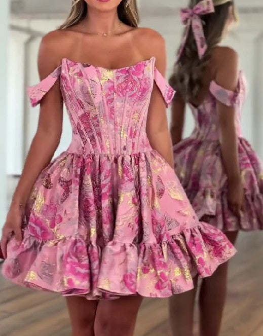 Floral Off Shoulder Brocade Homecoming Dress With Ruffled