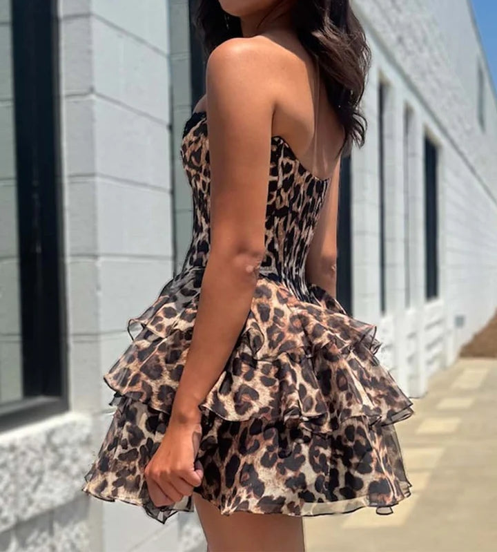 A-line Strapless Ruffle Tiered Leopard Print Homecoming Dress