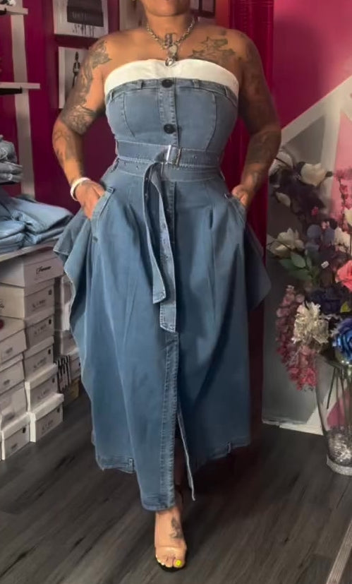 Strapless Paneled Denim Dress