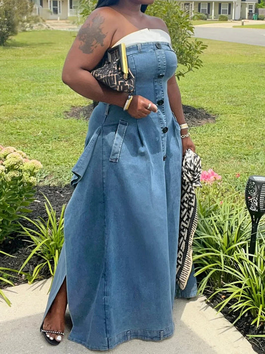 Strapless Paneled Denim Dress