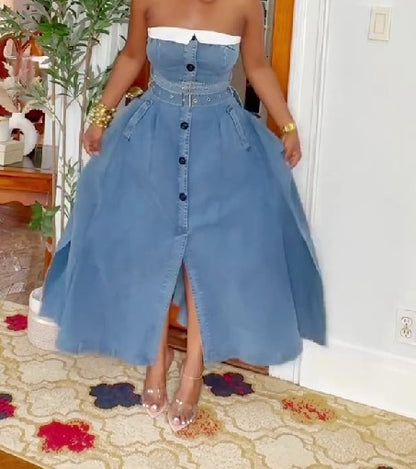 Strapless Paneled Denim Dress