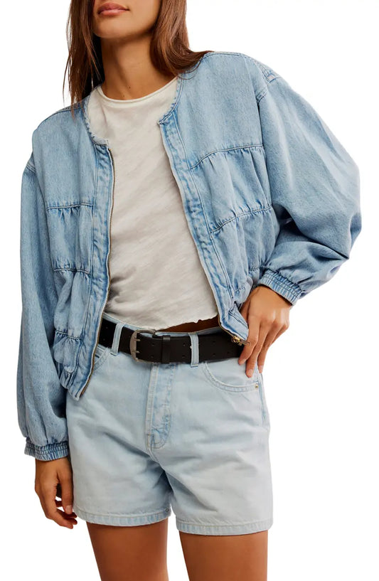 Smocked Crop Denim Jacket