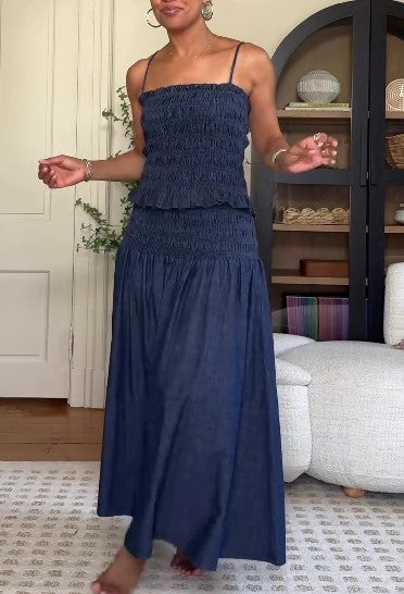 Pleated Denim Midi Skirt Set