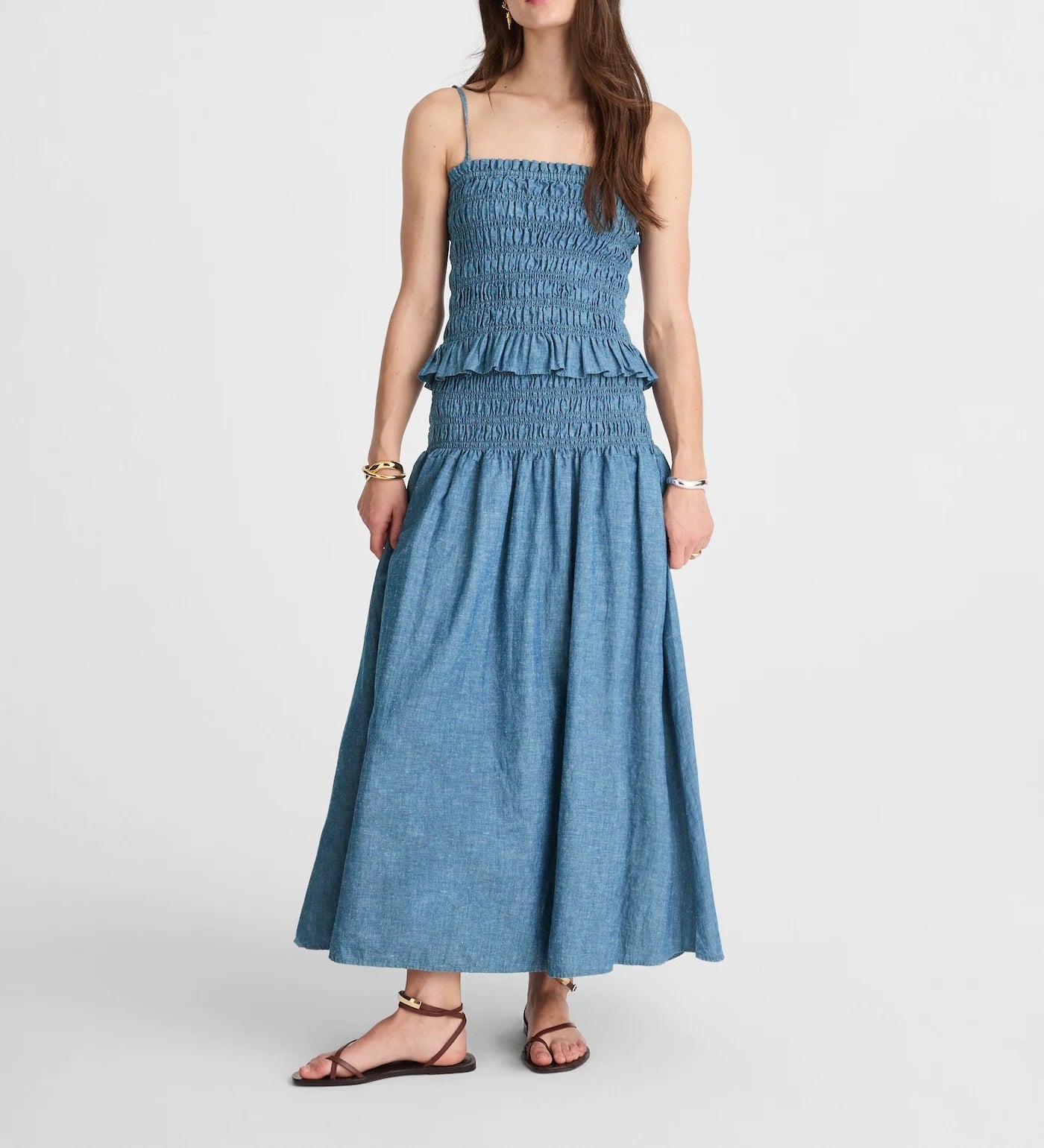 Pleated Denim Midi Skirt Set