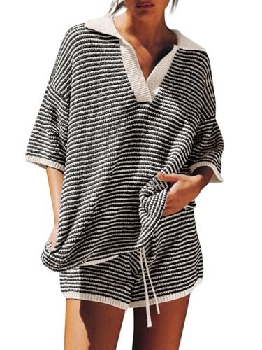 Oversized 3/4 Sleeve V Neck Knit Tops High Waisted Shorts Lounge Sets