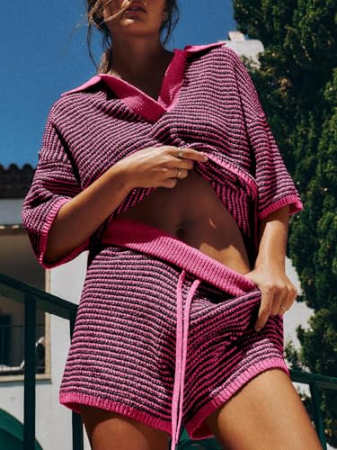 Oversized 3/4 Sleeve V Neck Knit Tops High Waisted Shorts Lounge Sets