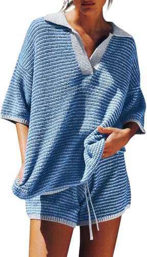 Oversized 3/4 Sleeve V Neck Knit Tops High Waisted Shorts Lounge Sets