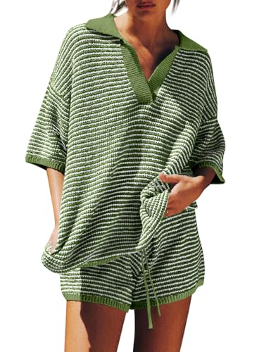 Oversized 3/4 Sleeve V Neck Knit Tops High Waisted Shorts Lounge Sets