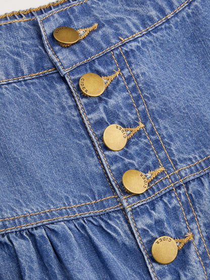 Denim High Rise Solid Tiered Button Pocket Maxi Skirt