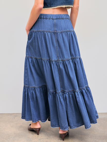 Denim High Rise Solid Tiered Button Pocket Maxi Skirt
