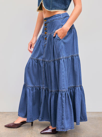 Denim High Rise Solid Tiered Button Pocket Maxi Skirt