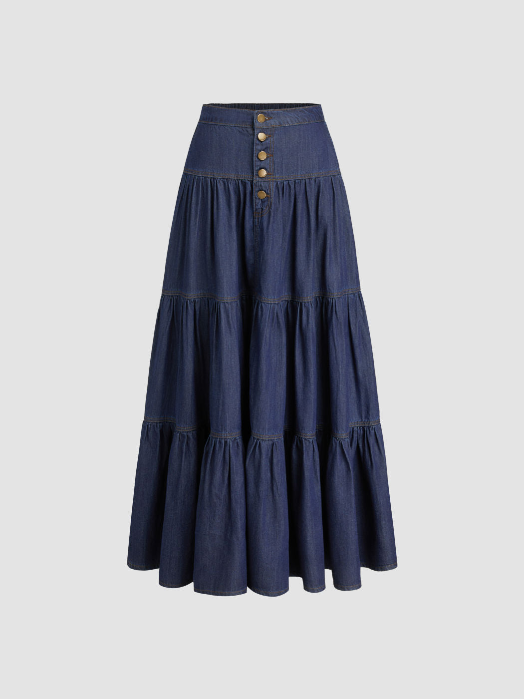 Denim High Rise Solid Tiered Button Pocket Maxi Skirt