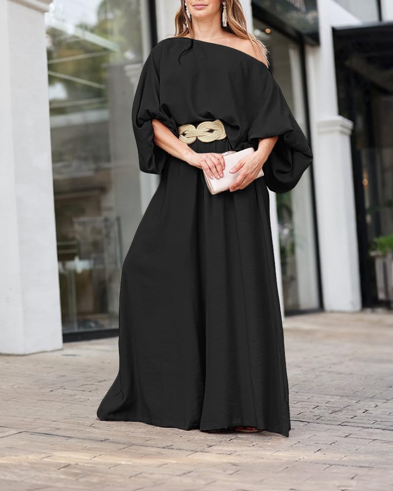 2 Piece Outfits Off Shoulder Lantern Sleeve Top Flowy Wide Leg Pants Set