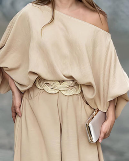 2 Piece Outfits Off Shoulder Lantern Sleeve Top Flowy Wide Leg Pants Set