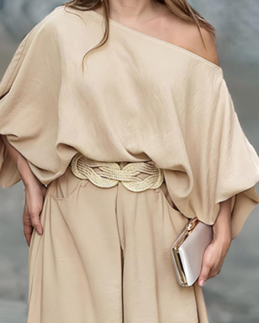 2 Piece Outfits Off Shoulder Lantern Sleeve Top Flowy Wide Leg Pants Set