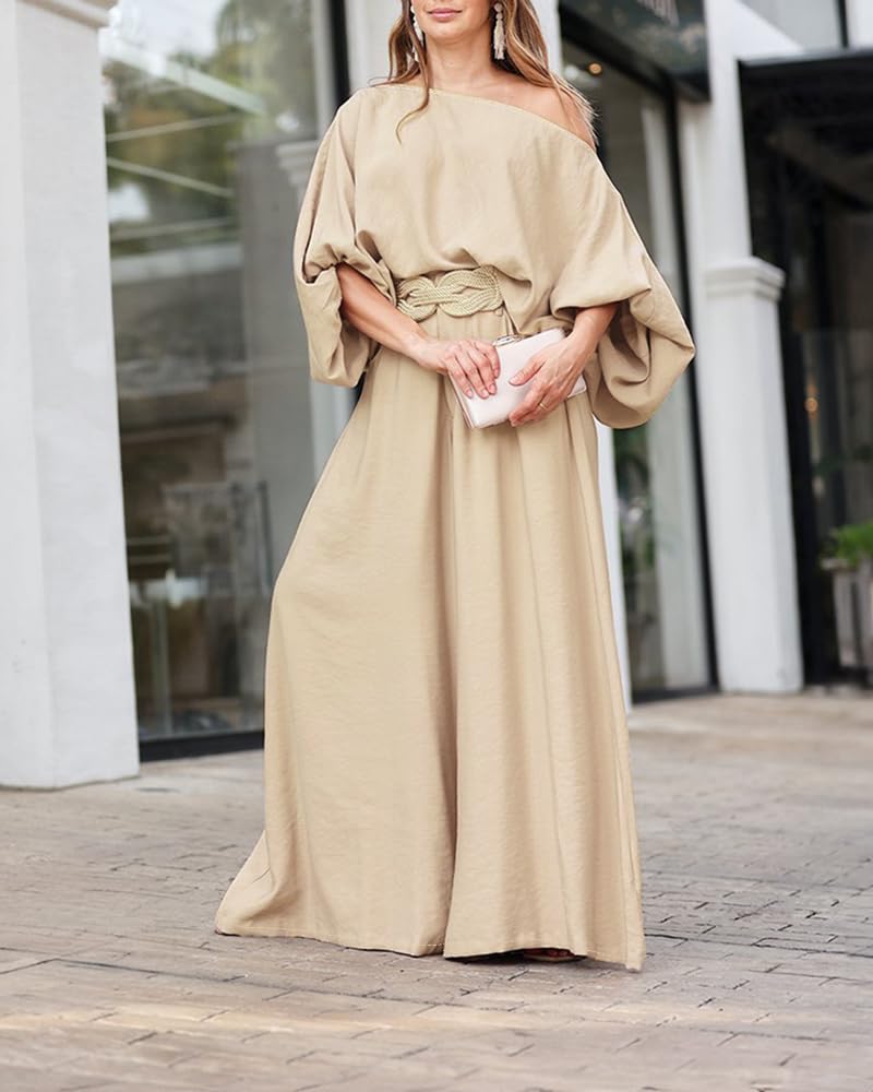 2 Piece Outfits Off Shoulder Lantern Sleeve Top Flowy Wide Leg Pants Set