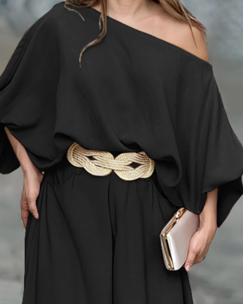 2 Piece Outfits Off Shoulder Lantern Sleeve Top Flowy Wide Leg Pants Set