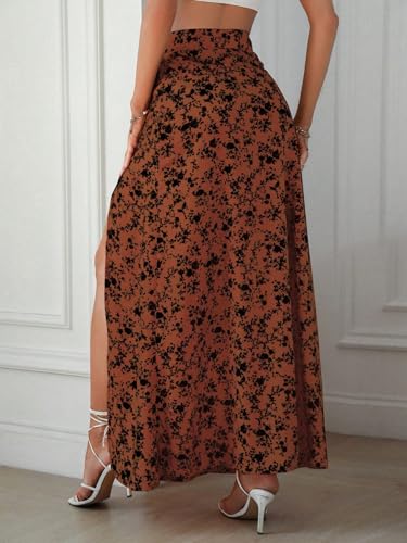 Women's Sexy Boho Floral Split Thigh High Waist Swing Midi Skirt