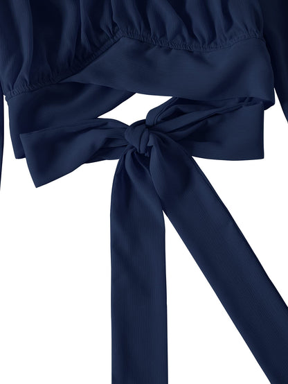 Women's Cute Off Shoulder Long Sleeve Self Tie Knot Crop Tube Top Blouse