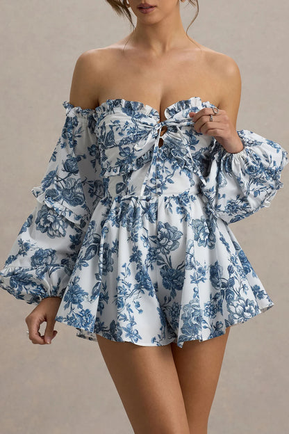 Blue Porcelain Print Ruffled Playsuit